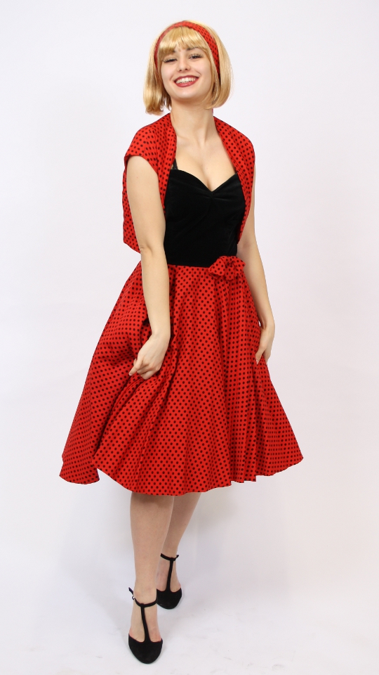 50er Jahre Outfit – Damen – Rot-Schwarz (Kleid, Petticoat, Bolero, Haarband)