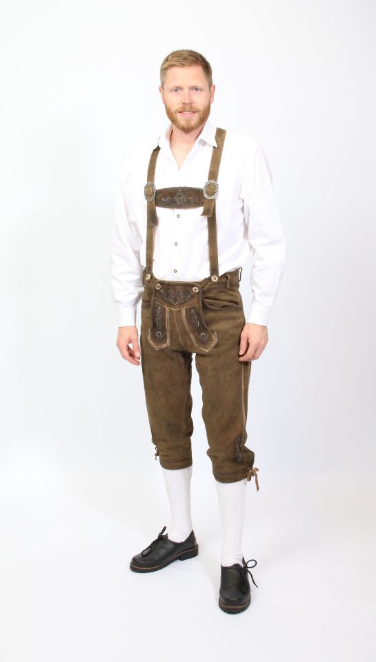 Knee-length brown leather trousers (Lederhosen)