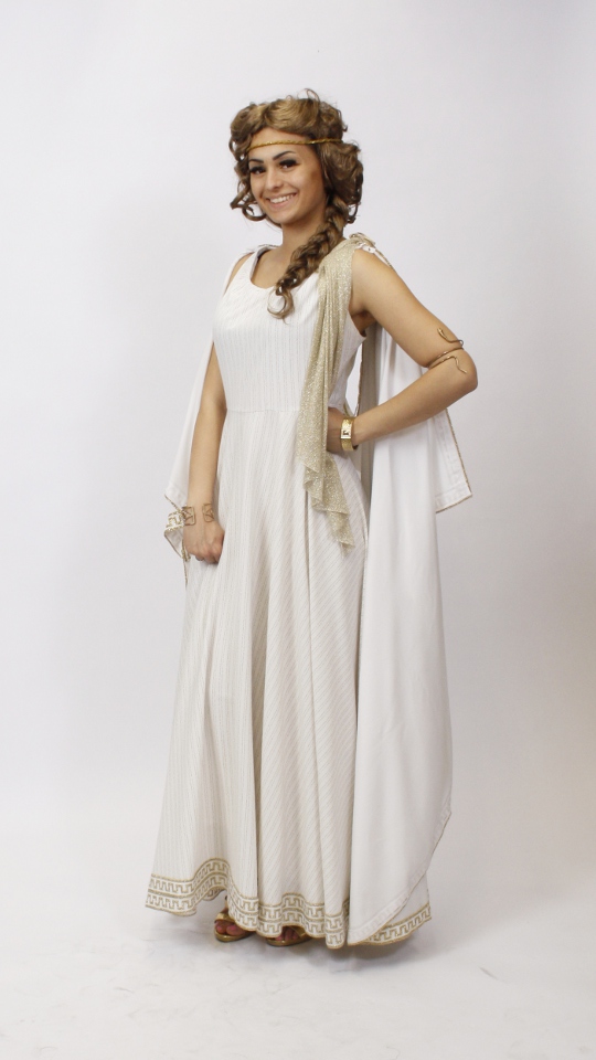 Griechin Outfit - Creme-Gold-Gestreift (Kleid, Kette und Armband)