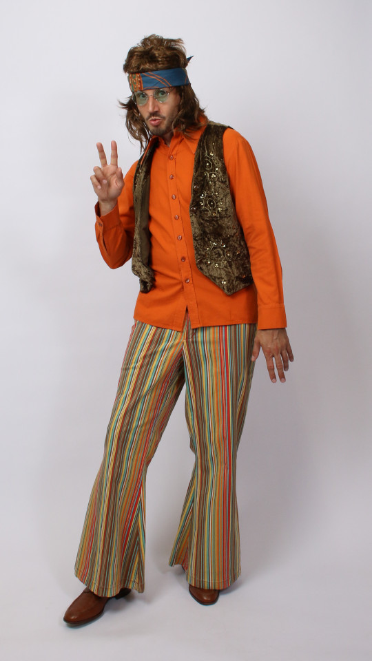 70er Jahre – Hippie Outfit – Herren – Orange (Hemd, Kette und Stirnband ...